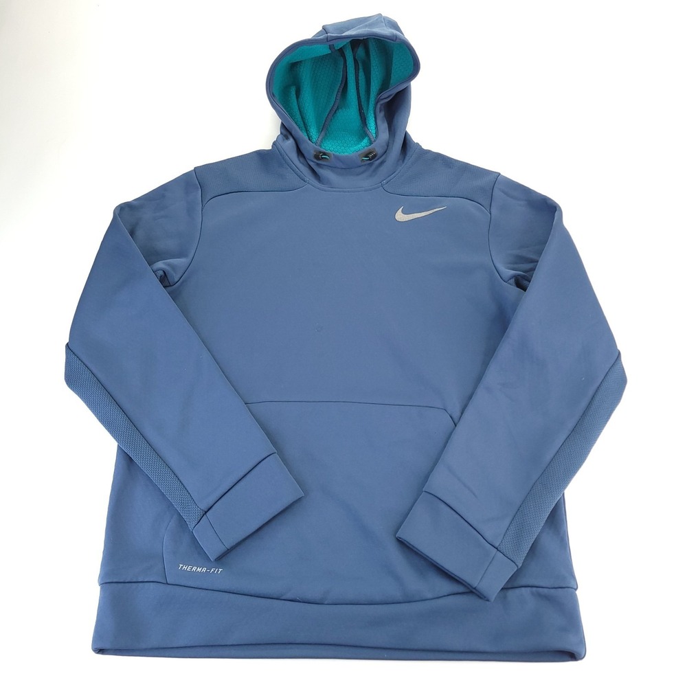 Nike Therma-Fit Hoodie Mens Medium Blue Pullover Sweatshirt Silver‎ Swoosh Logo